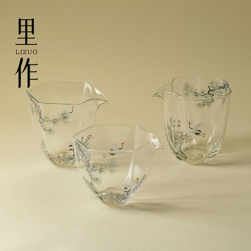 里作高档松鹤纹玻璃六角公道杯精致手工透明分茶器新中式耐热茶海