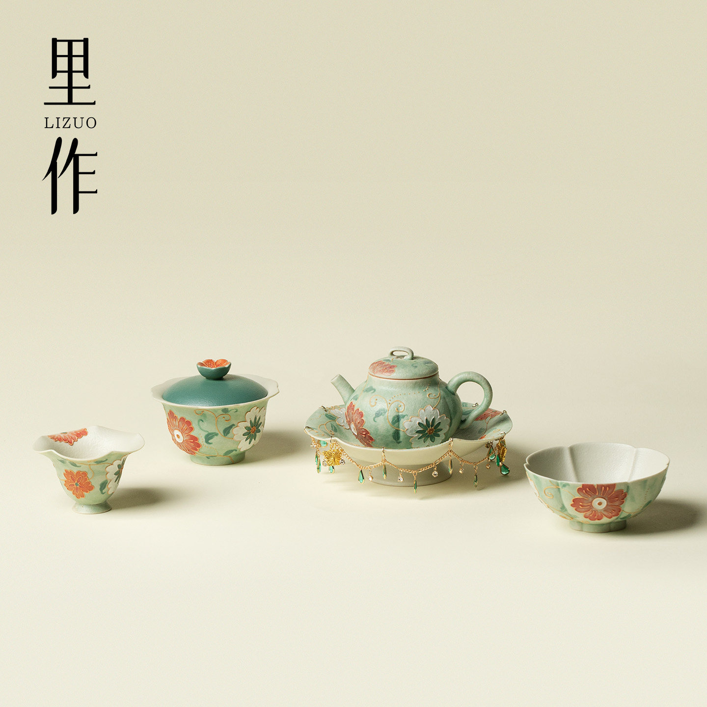 里作中式陶瓷盖碗茶具手绘碧野绯花手工防烫茶壶茶杯高档茶道配件