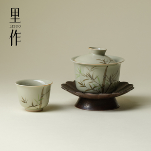 里作仿古胎手绘翠竹盖碗茶杯创意粉彩手工薄胎不烫手泡茶碗品茗杯