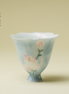 里作 手绘雾漫玉兰花茶杯陶瓷花口主人杯高足品茗杯单杯功夫茶具