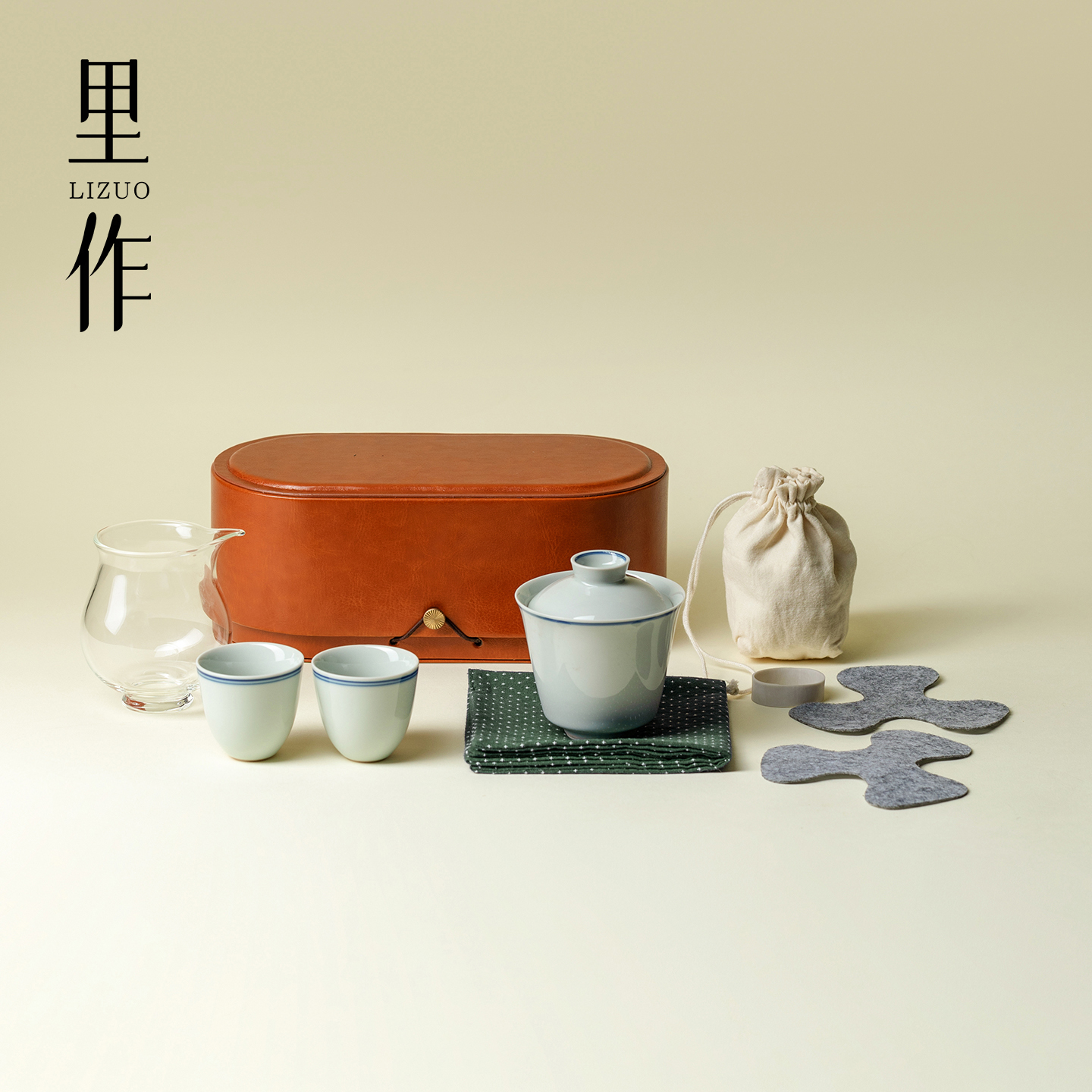 里作手绘双线盖碗茶杯旅行茶具户外便携式收纳皮革包功夫茶具套装