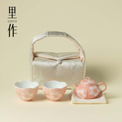 里作 少女心手绘山茶花陶瓷茶具一壶二杯户外便携茶事包高档茶具