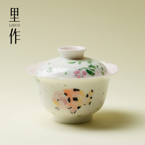 里作手绘胖鱼头花口盖碗手工陶瓷高端泡茶碗家用高颜值茶具泡茶器
