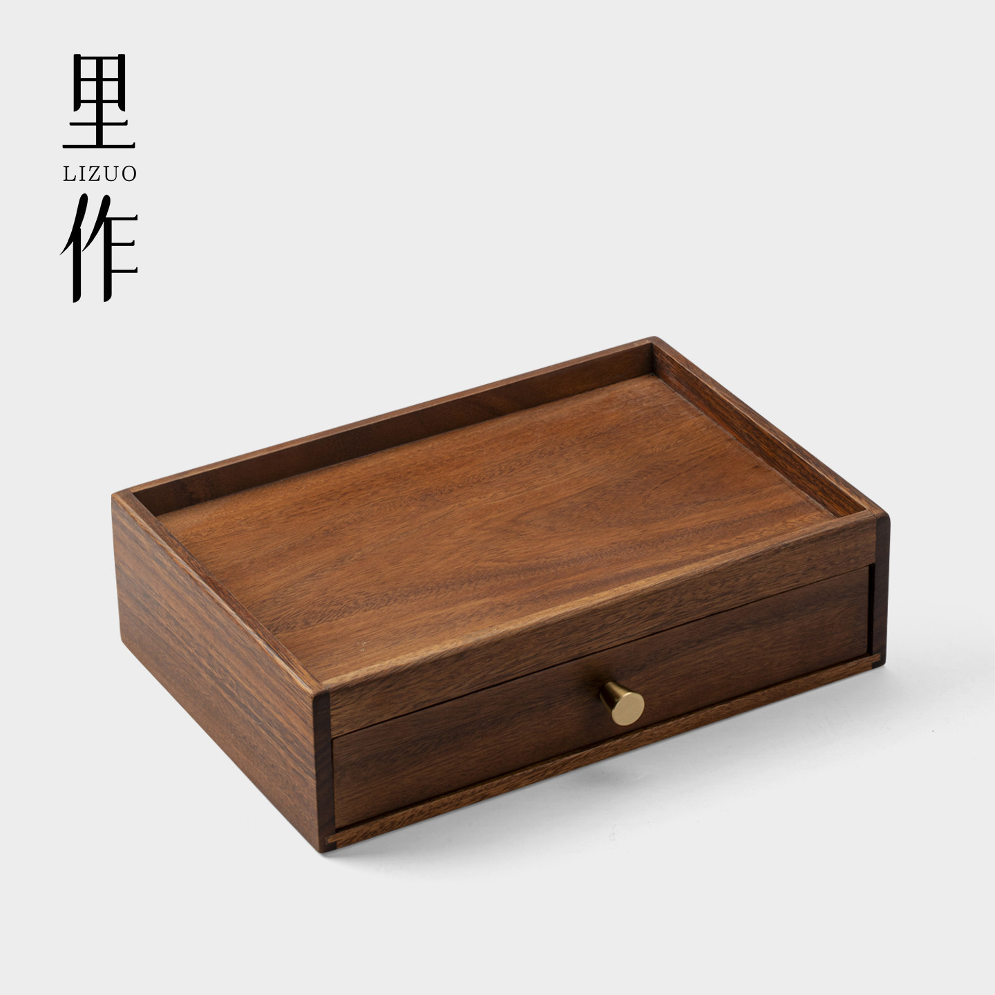 黑胡桃实木办公桌面收纳盒日式带抽屉式化妆品首饰茶饼收纳储物盒