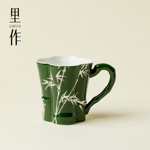 里作 中式纯银彩墨绿竹节手把茶杯高端家用功夫茶具主人杯咖啡杯