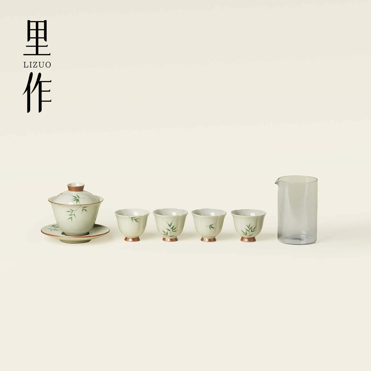 里作新中式家用会客三才盖碗四杯小套装秘青手绘青竹陶瓷功夫茶具