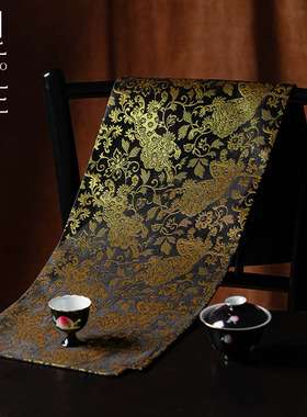 里作高端黑色长方茶席高级织锦提花手工茶桌布垫子新中式桌旗桌布