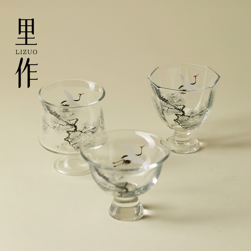 里作创意松鹤玻璃茶杯手工主人杯
