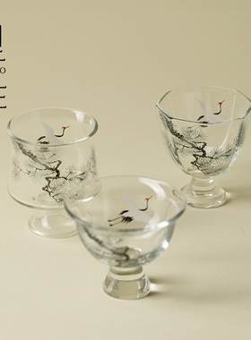 里作创意松鹤玻璃茶杯精致手工主人杯高端家用功夫茶具透明品茗杯