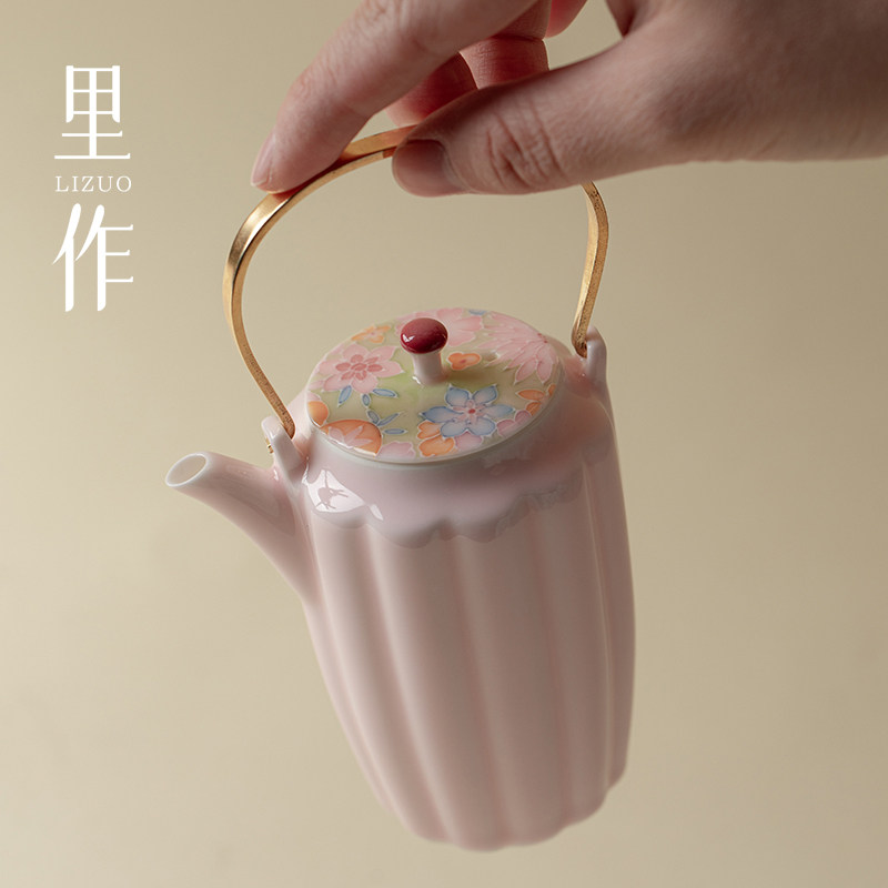 里作 铜把小提梁壶景德镇高端手绘万花泡茶壶高颜值粉色功夫茶具,餐饮具,茶壶,淘宝优惠券,粉丝福利购,淘宝优惠卷