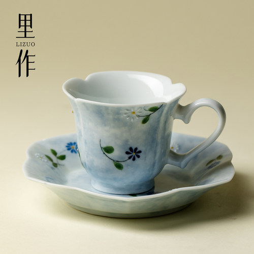 里作纯手绘小雏菊带把主人杯套高端玉瓷茶杯精致女士专用杯咖啡杯