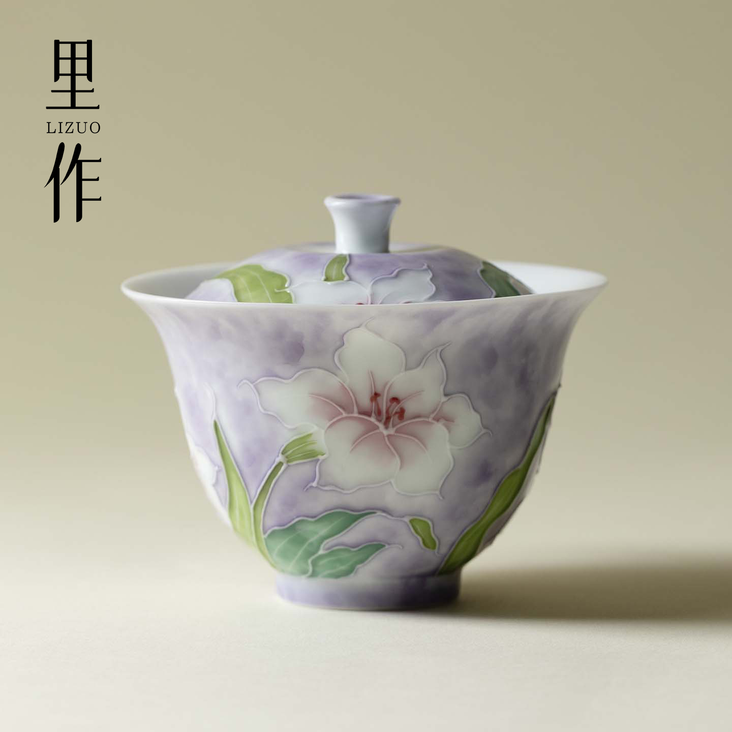 里作 景德镇釉下彩手绘百合花盖碗薄胎不烫手功夫茶具女士泡茶碗