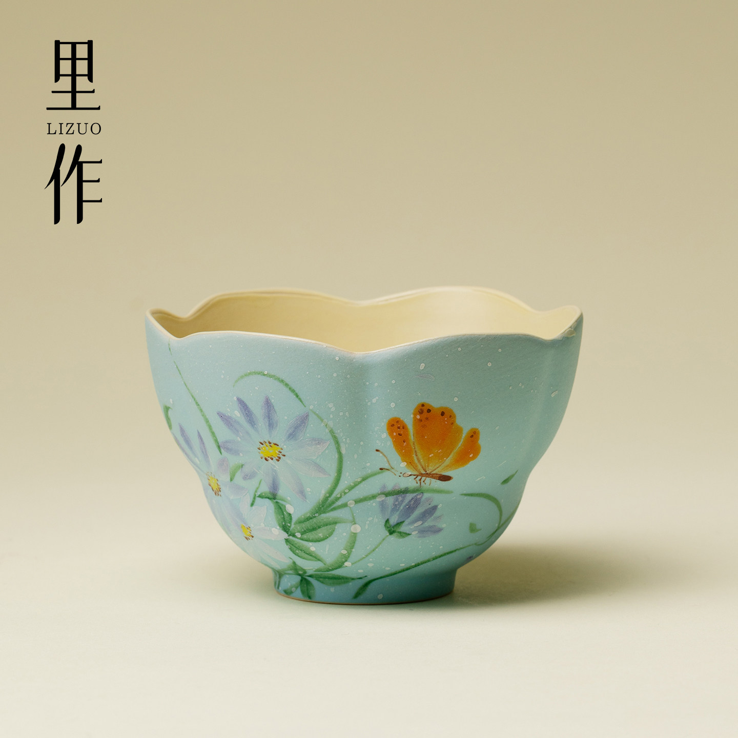 里作手绘花涧陶瓷枯荷茶杯蓝色花瓣功夫茶具品茗杯小清新个人茶杯