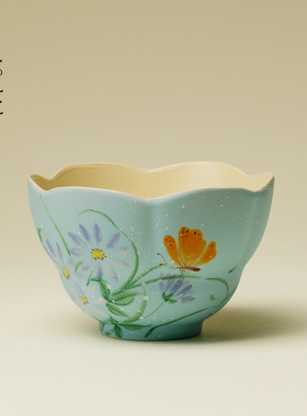 里作手绘花涧陶瓷枯荷茶杯蓝色花瓣功夫茶具品茗杯小清新个人茶杯