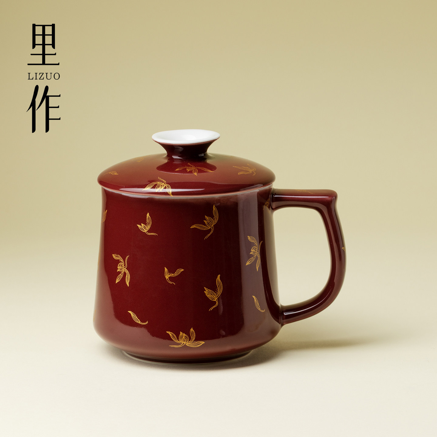 里作 紫茄烫金玉兰花马克杯家用中式陶瓷单色釉手工办公杯茶水杯