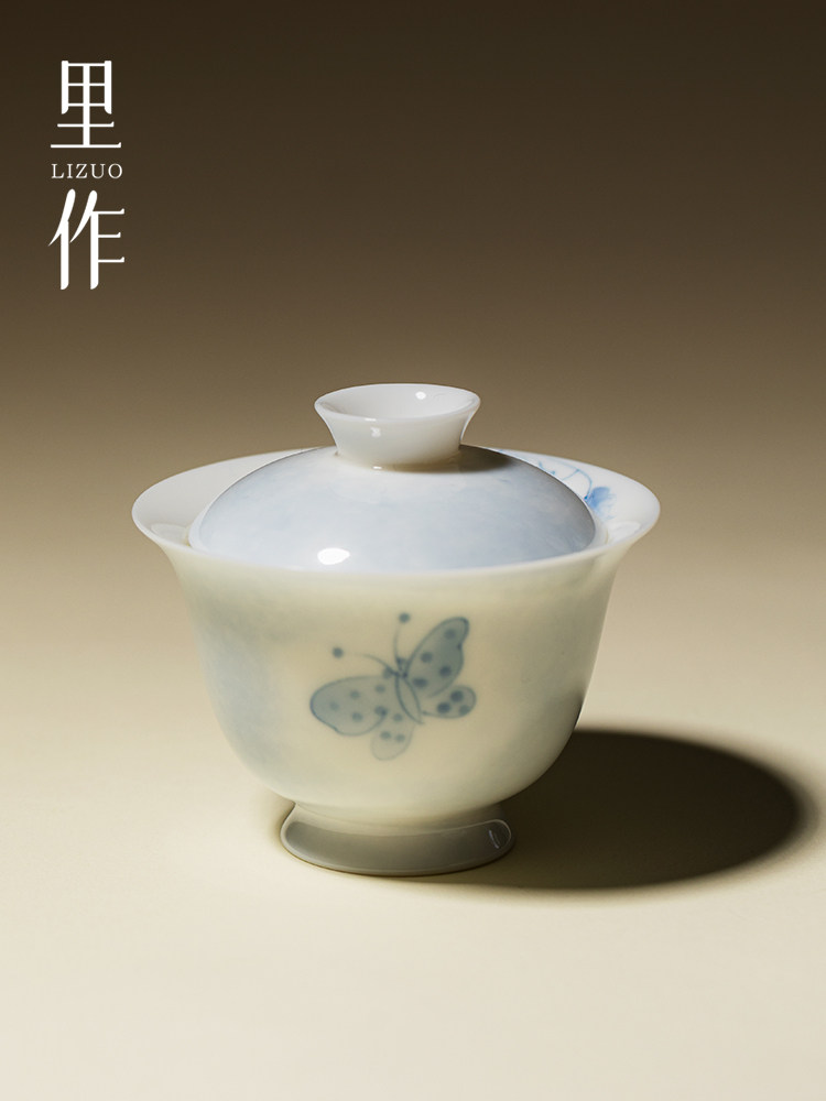 里作青花手绘蝴蝶二才盖碗景德镇釉下彩泡茶碗陶瓷茶具敬茶碗单个