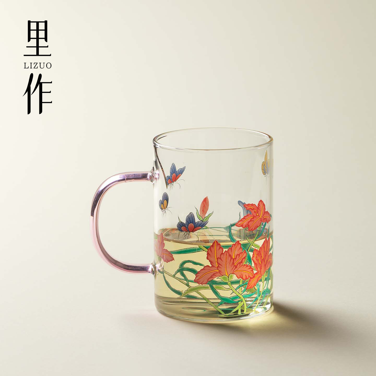 里作新中式玻璃杯手绘鸢尾花马克杯高硼硅耐热水杯家用办公室茶杯