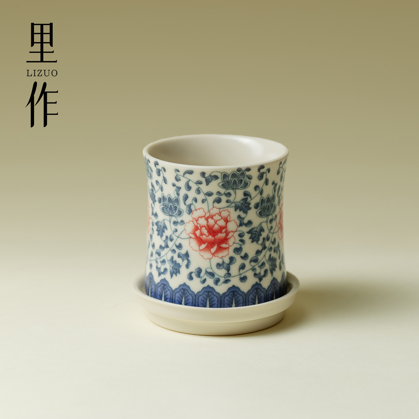 里作苏打釉开片青花缠枝莲主人杯杯垫套杯景德镇手工转转杯喝茶杯