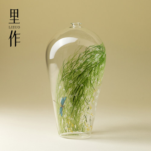 里作小清新芊野玻璃花器高端精致手绘高硼硅透明花瓶居家摆件花道