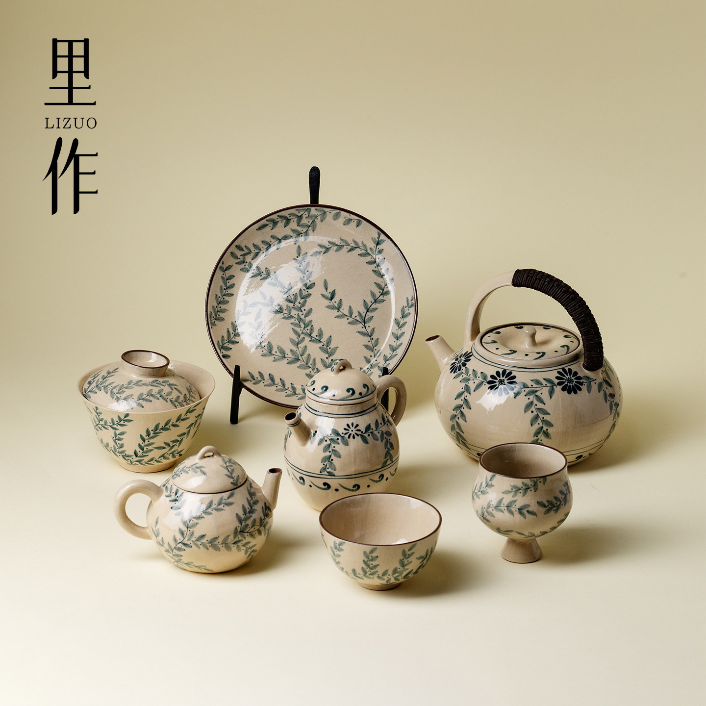 里作粉引青花手绘连理枝功夫茶具粗陶复古茶壶盖碗茶杯提梁煮茶壶