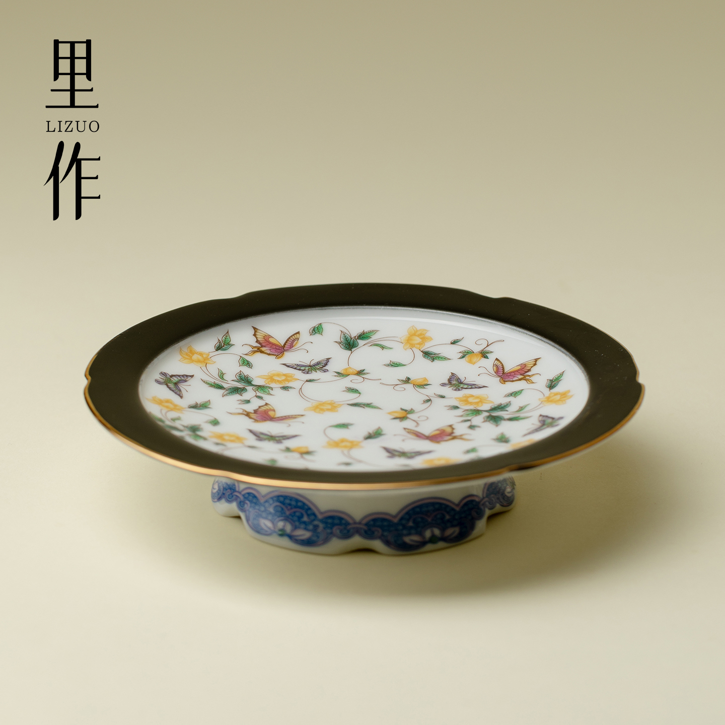 里作金缘蝶绘高足壶承创意手工陶瓷干泡盘中式描金紫砂壶盖碗茶台