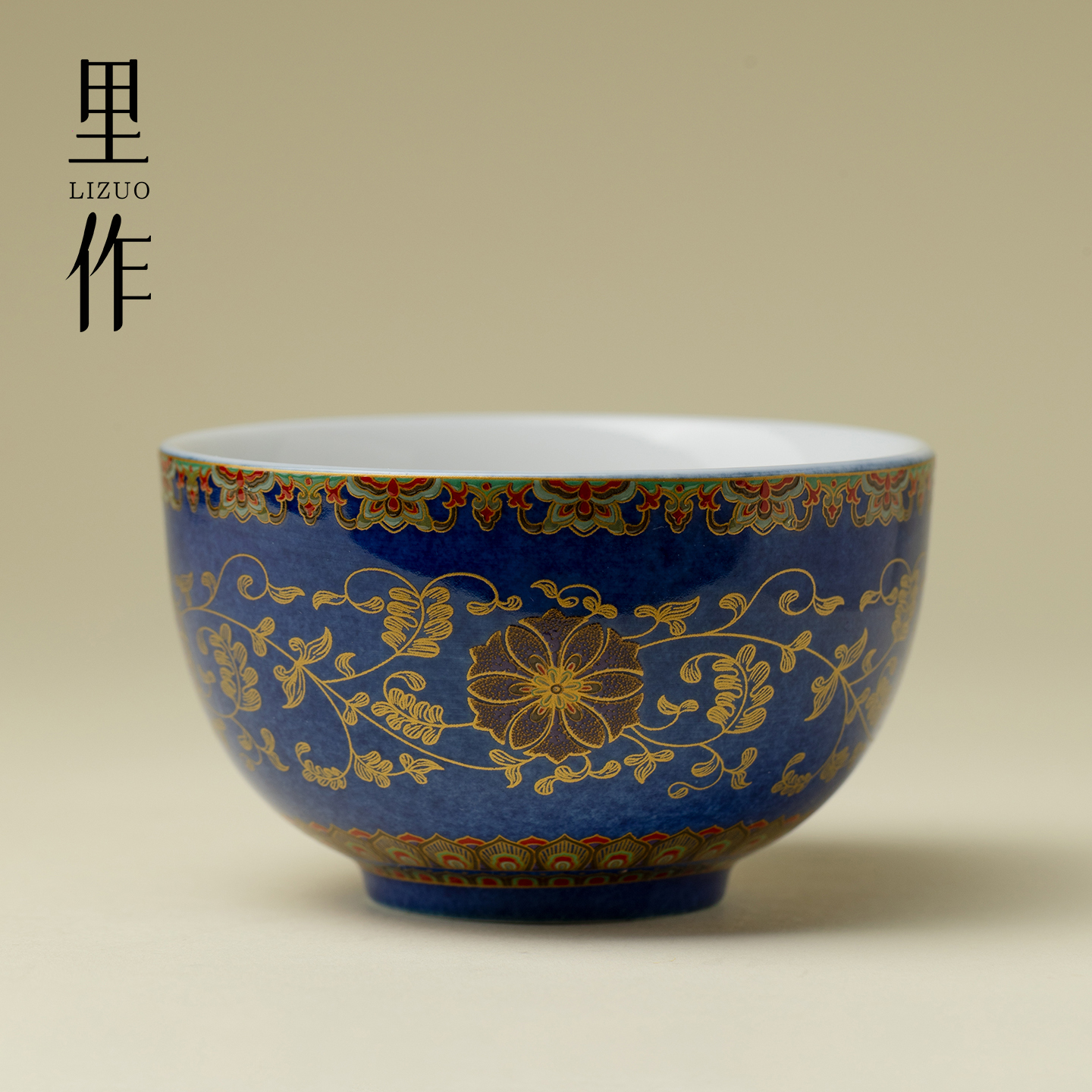 里作 手工洒蓝金彩缠枝莲茶杯中式高端陶瓷品茗杯功夫茶具主人杯