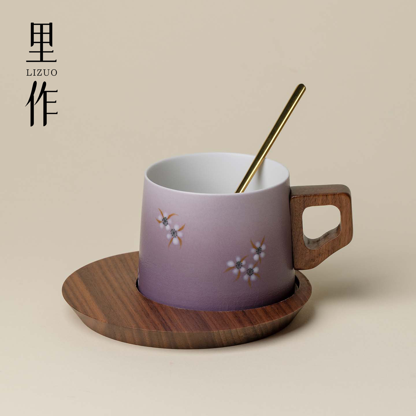 里作 手绘白花陶瓷咖啡三件套日式简约马克杯小清新办公室喝水杯