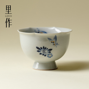 里作青花银彩蝶舞繁花花口主人杯复古陶瓷品茗杯功夫茶具茶杯单杯