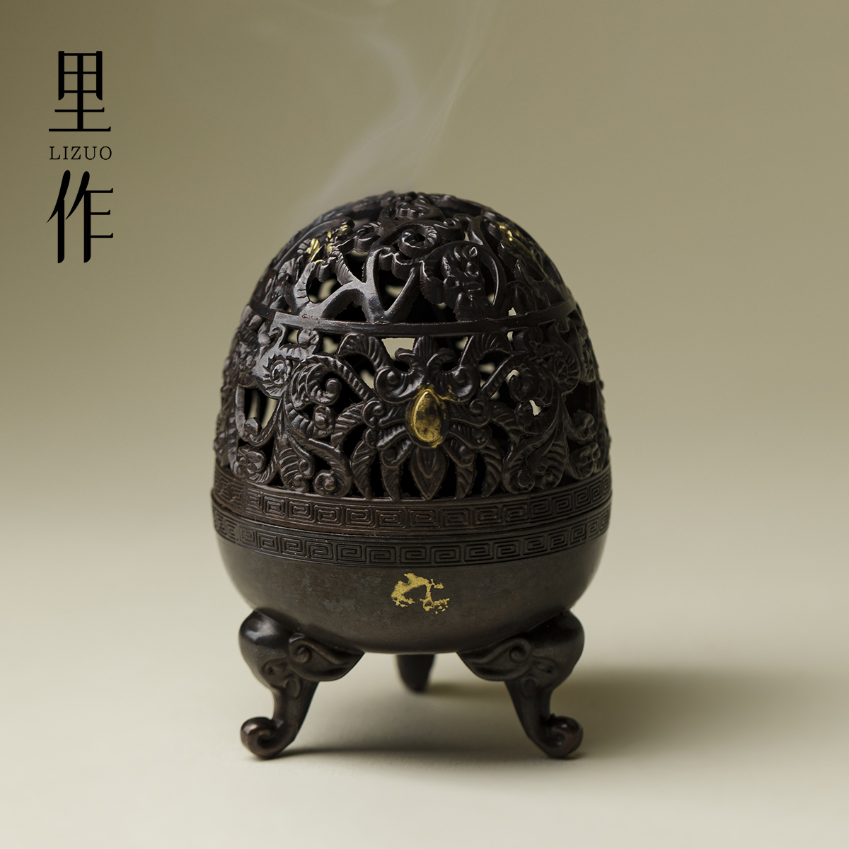 里作原创复古镂空盘香炉仿古做旧香薰炉香道炉家用室内铜香炉摆件