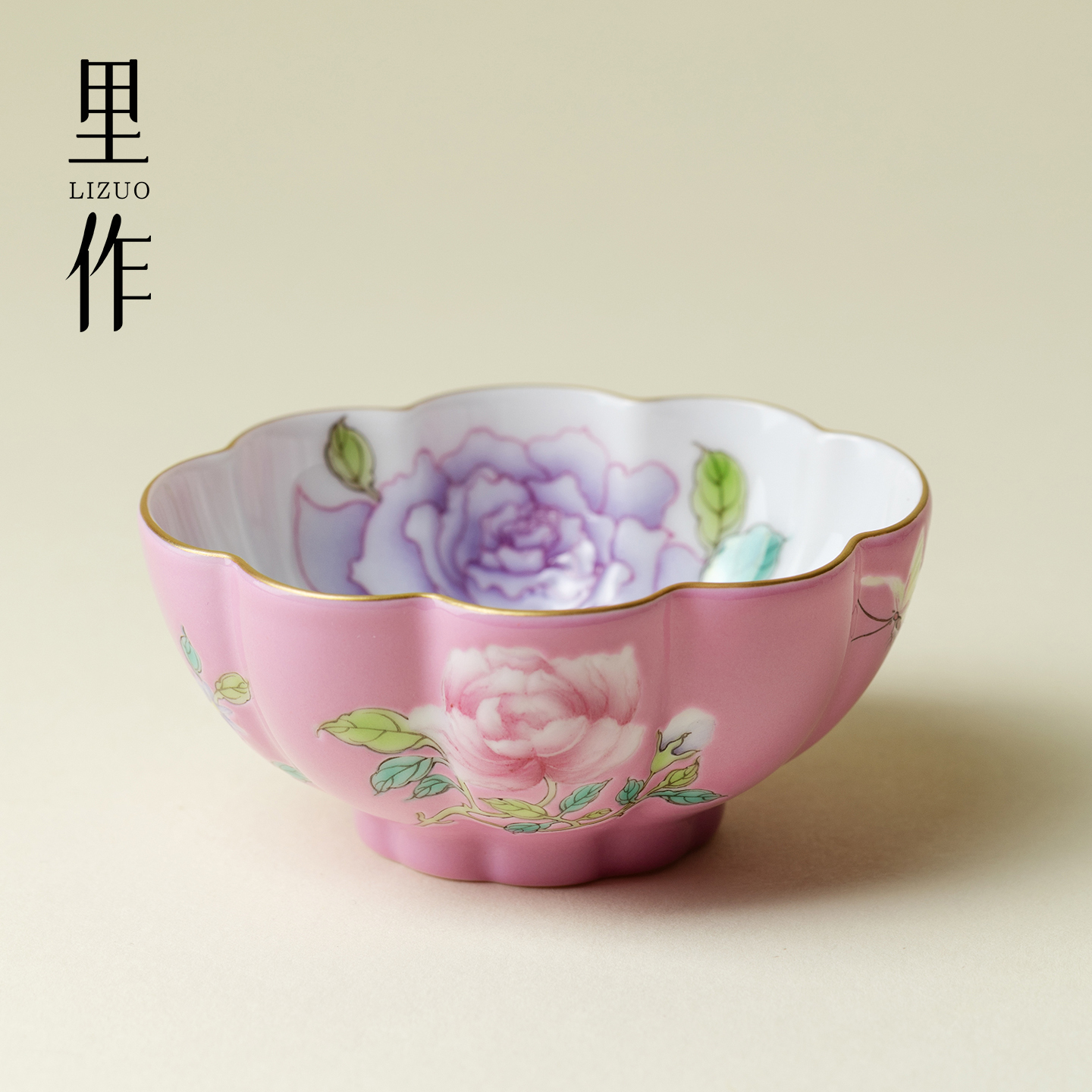 里作雅同集手绘品茗杯宫粉月季花内绘女神杯景德镇全手工高端茶杯