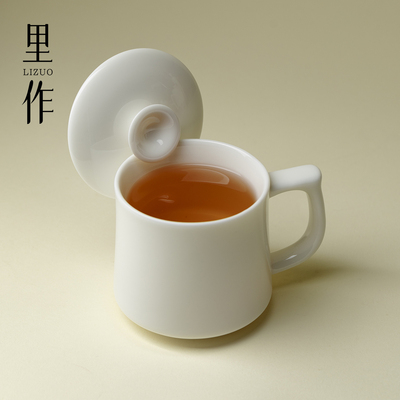 里作 羊脂玉瓷高颜值办公杯家用陶瓷马克杯带盖会议杯早餐泡茶杯