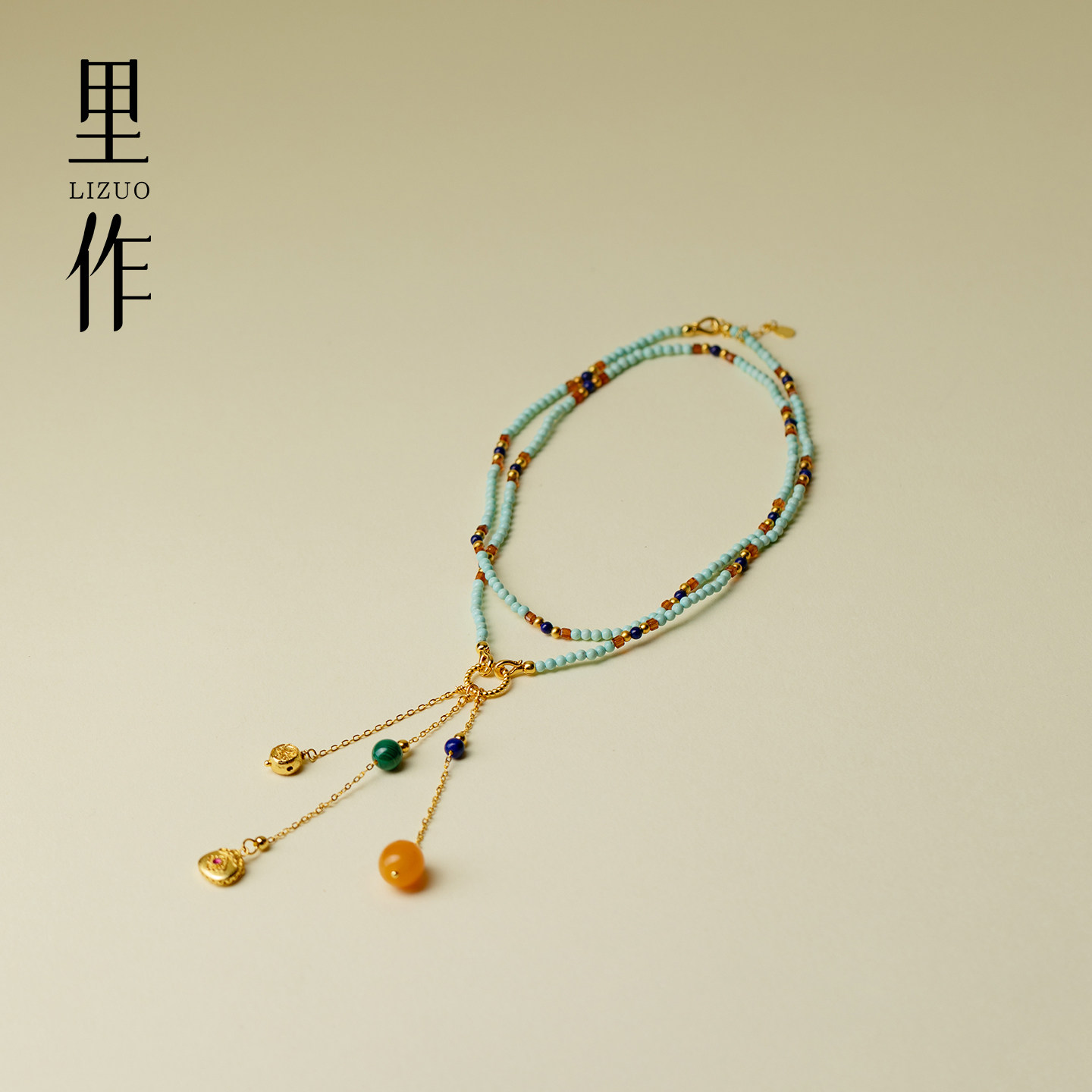 里作设计师绿松石项链新中式银镀金锁骨链配饰女士百搭小众装饰链