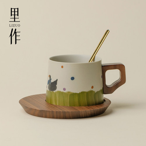 里作小清新陶瓷咖啡杯三件套手绘塘边鹅语马克杯家用办公室泡茶杯