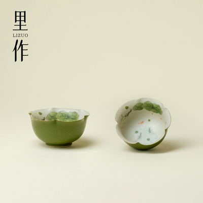 里作火石红手绘荷鱼花口茶杯陶瓷高端客杯家用功夫茶具精致品茗杯