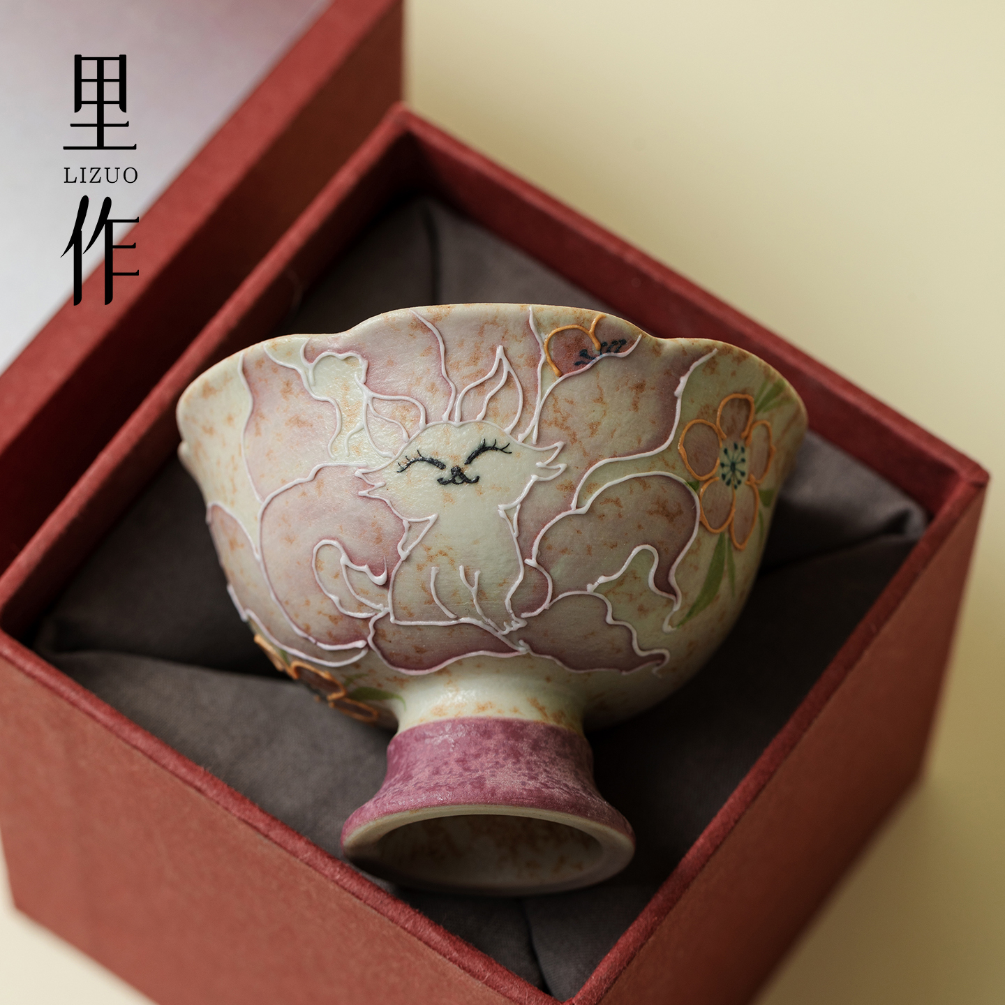 里作复古火石红纯手绘九尾仙狐高足杯陶瓷主人杯家用新中式小茶杯