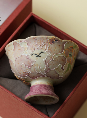 里作复古火石红纯手绘九尾仙狐高足杯陶瓷主人杯家用新中式小茶杯