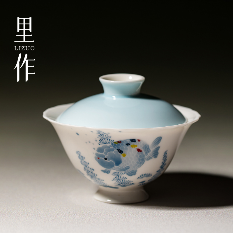 里作景德镇青花手绘胖头鱼二才花口盖碗高颜值粉彩泡茶碗功夫茶具