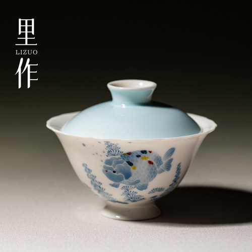 里作景德镇青花手绘胖头鱼二才花口盖碗高颜值粉彩泡茶碗功夫茶具