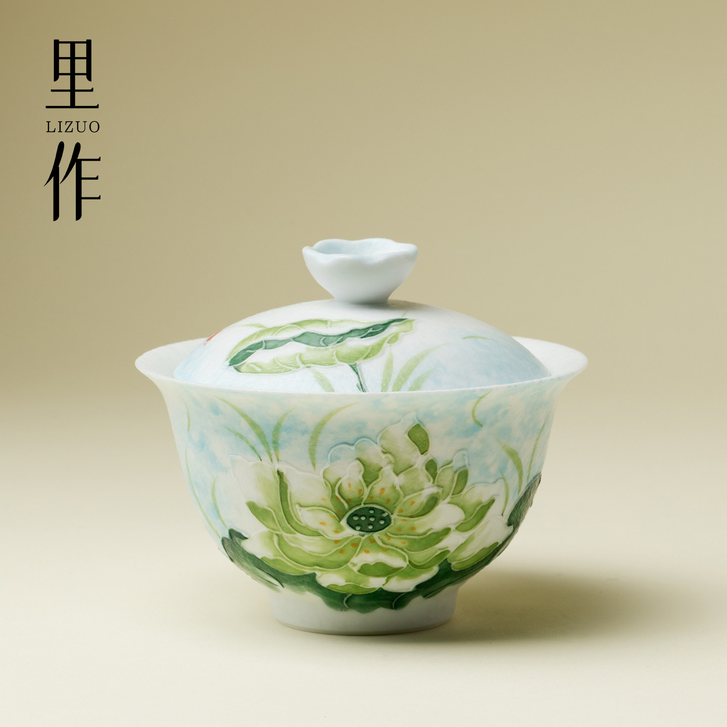 里作 纯手绘陶瓷河畔映波蓝盖碗小清新泡茶器手工功夫茶具泡茶碗