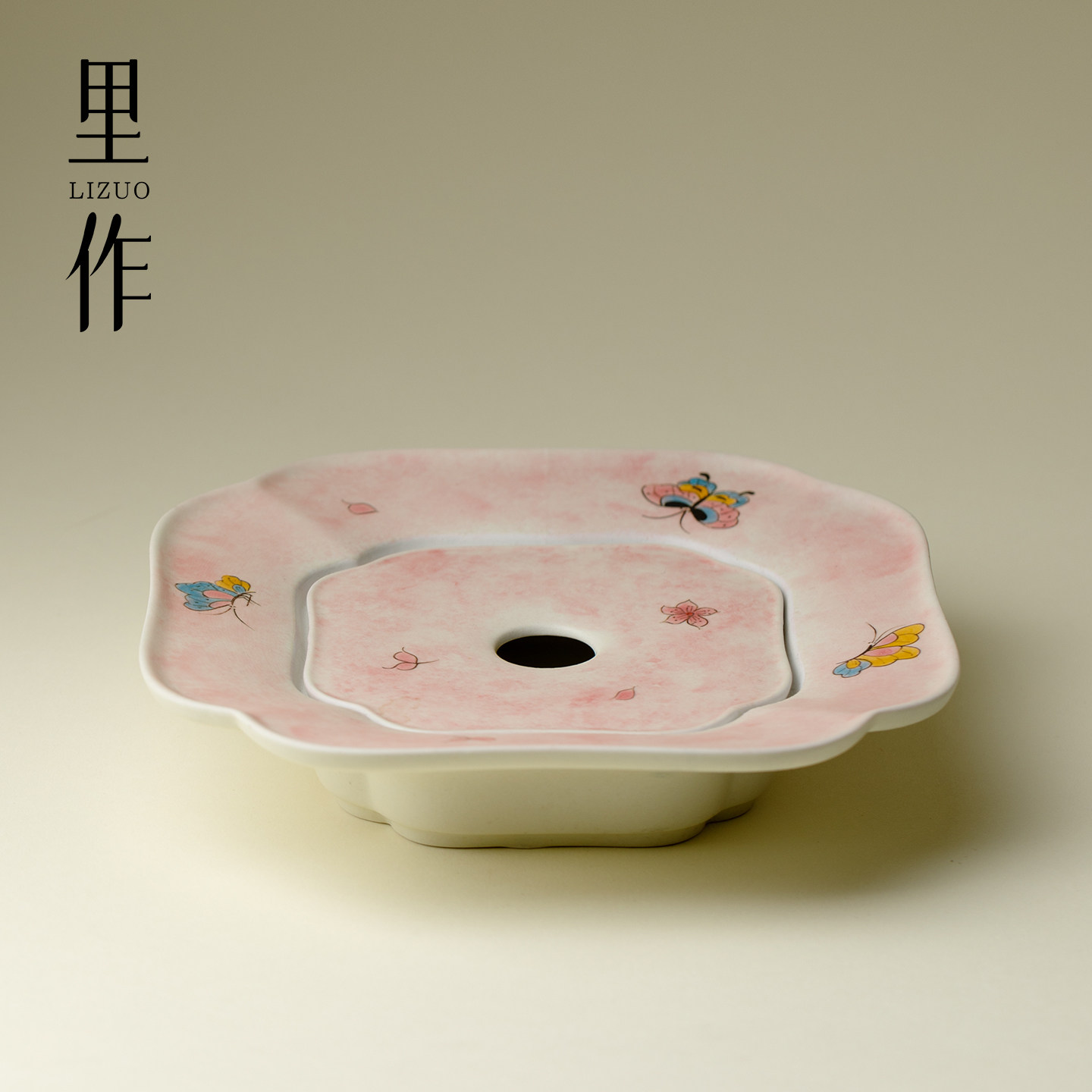 里作高颜值手工蝶绕粉黛壶承禅意蓄水壶承个人专用干泡茶承茶杯拖