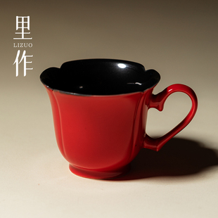 里作中国红陶瓷带把主人杯高端轻奢功夫茶具茶杯高颜值单杯品茗杯