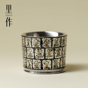里作 鎏银千佛石窟直筒杯中式文创茶杯高端陶瓷压手杯主人杯茶具