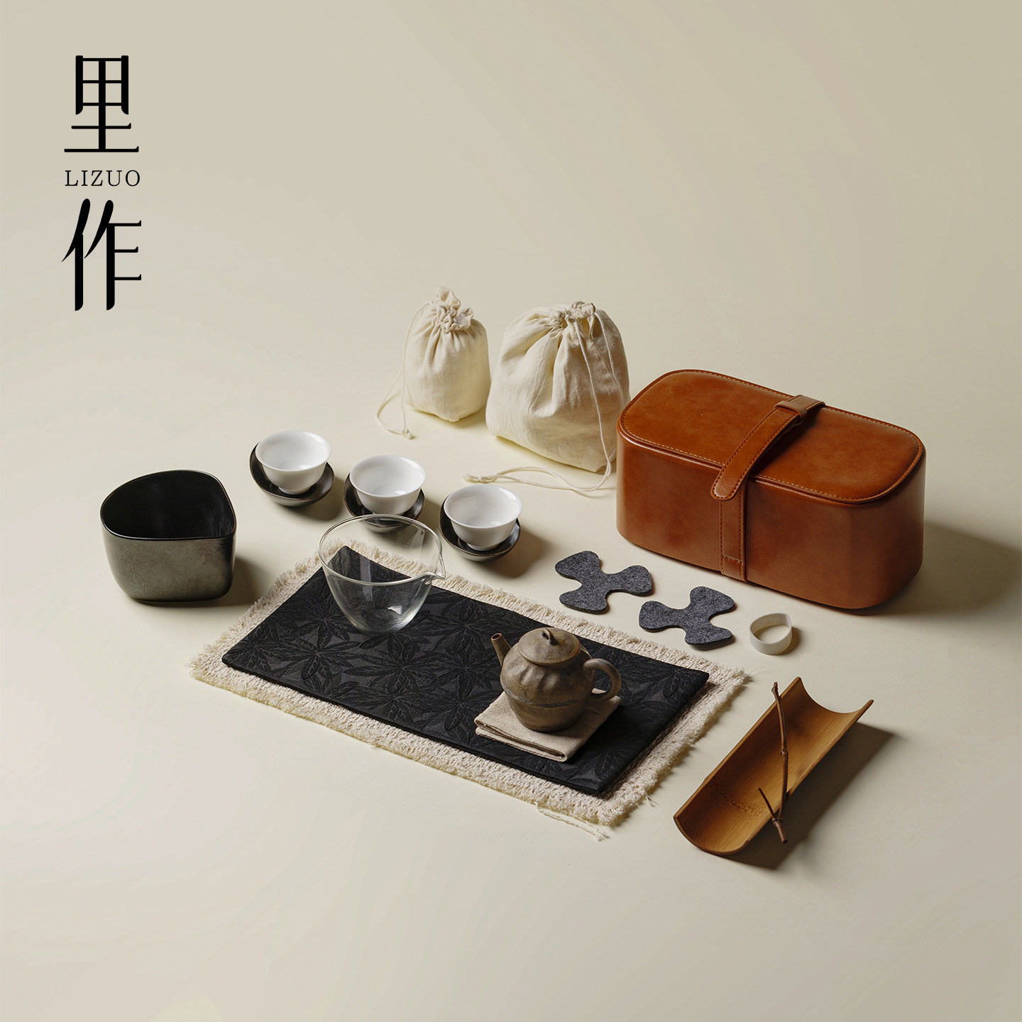 里作布里壶皮革旅行茶具套装一壶三杯便携式户外露营泡茶壶收纳包