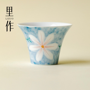 里作高端青花手绘撇口茶杯精致粉彩品茗杯创意功夫茶具主人杯单杯
