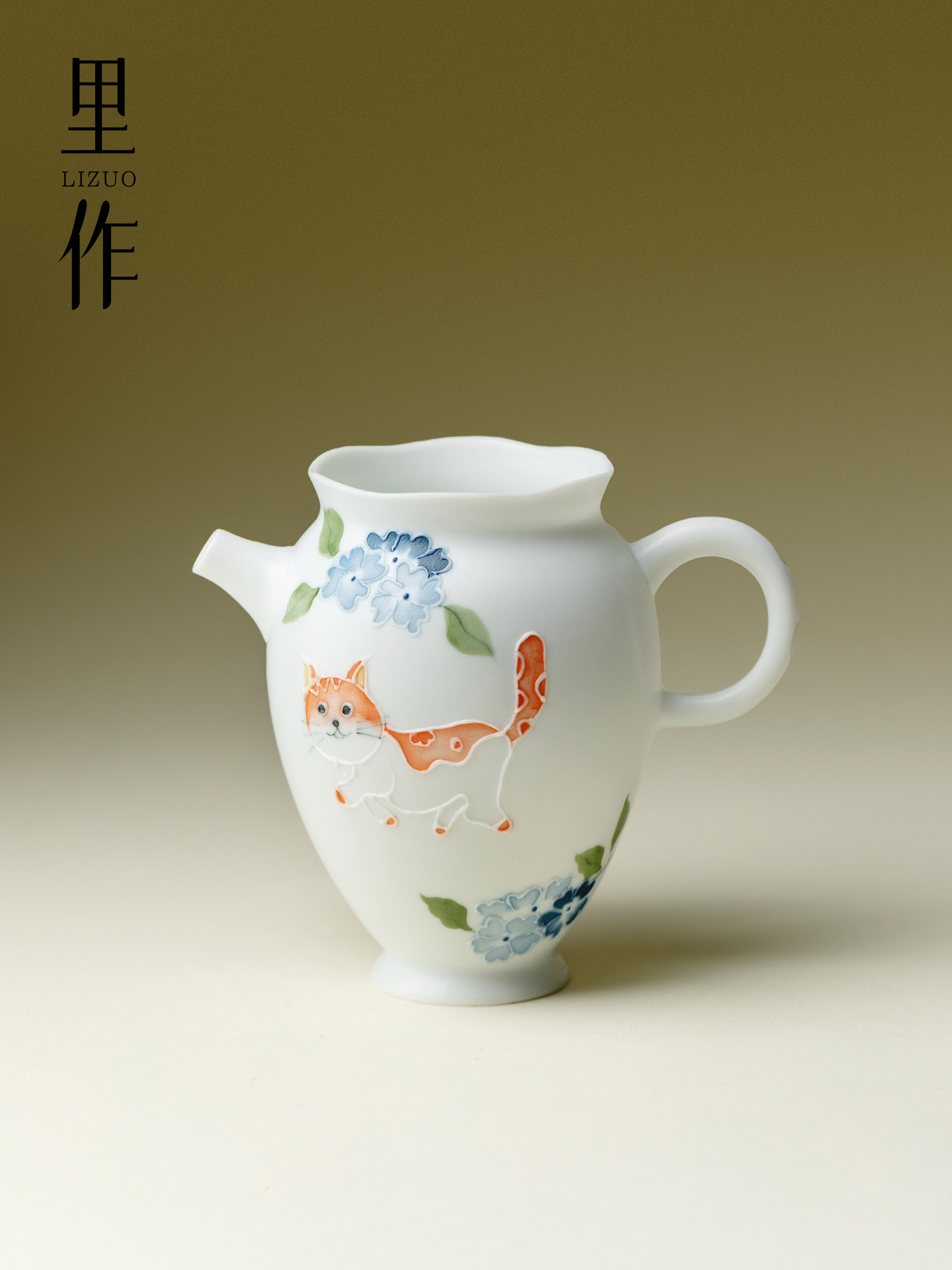 里作 釉下彩手绘喵趣花语茶海有田烧粉彩公道杯创意高颜值分茶器