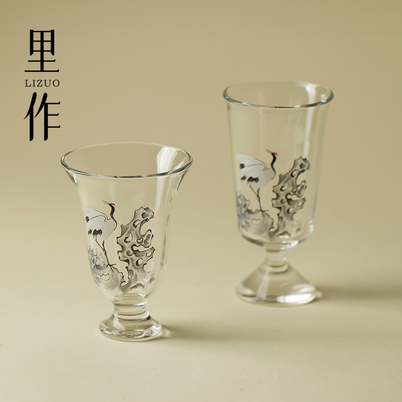 里作新中式墨彩松鹤玻璃高足茶杯高硼硅耐热玻璃主人杯高档品茗杯