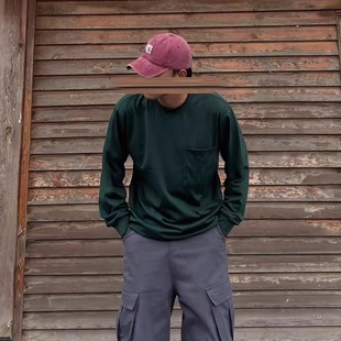 CHANWAS日系基础长袖男260g重磅宽松圆领百搭休闲口袋T恤外穿打底