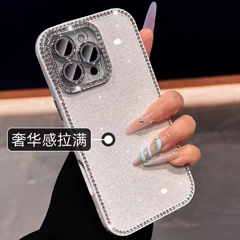 镶钻闪粉适用苹果16promax手机壳15Pro高级感自带闪粉镜头膜14pm时尚个性ip13pro网红防摔保护套女ins风外壳