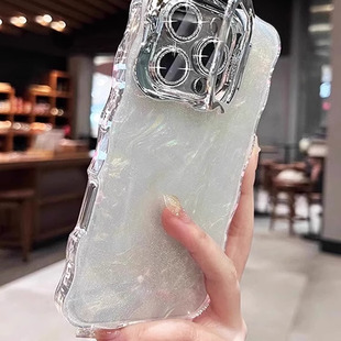 贝壳纹适用苹果16promax手机壳iPhone16外壳15pm全包镜头14por自带支架13手机套12Pro女款 新款 高级感带镜头膜
