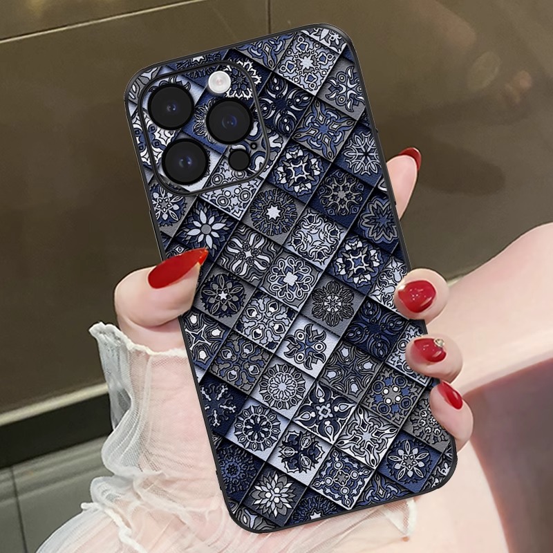 适用苹果华为手机壳浮雕格纹图腾